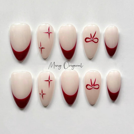 Simple red bow coquette Press on Nails, French tip handmade Nails, little star Jelly Nails, MO386