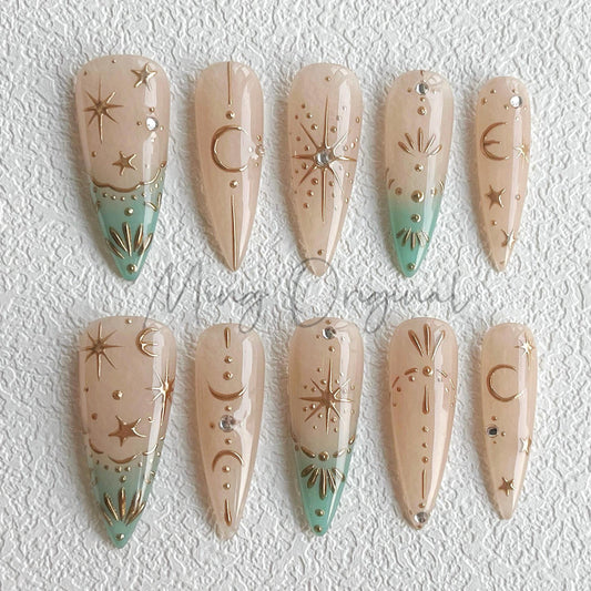 Star and the sea Celestial chrome Press on Nails, ocean blue and gold sun moon hand painted free style handmade Nails, vintage style, MO436