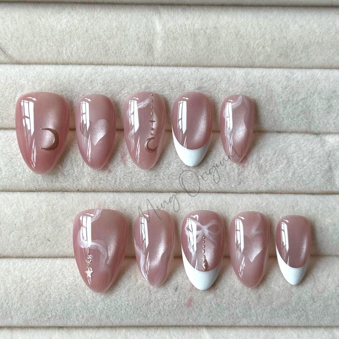 Fairycore celestial moon pink press on nail, cat eye heart bow coquette ribbon Press on Nails, glue on nail, holiday gift for her MO445