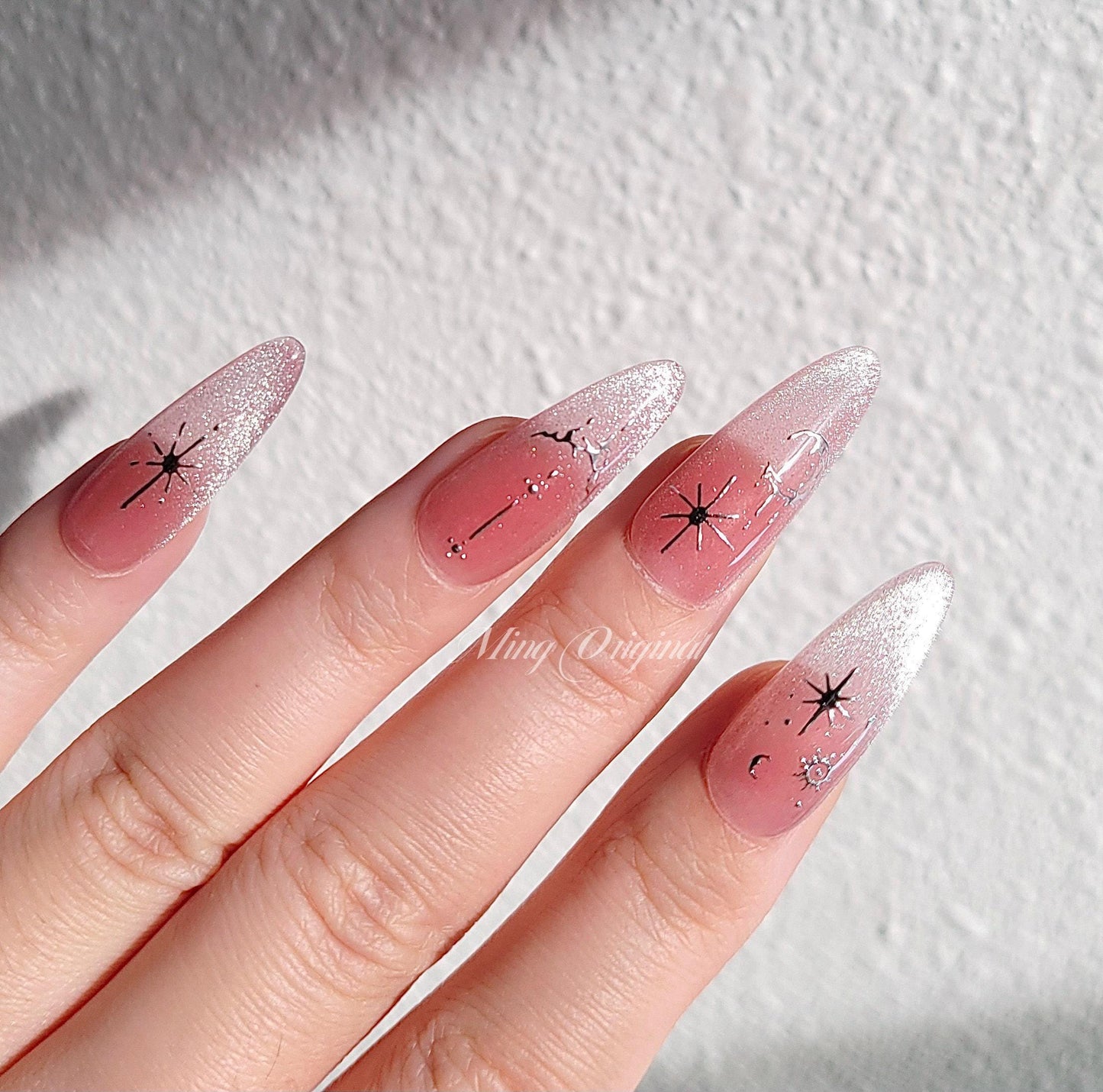 Y2K Silver Chrome free style Pink French Tip Cat Eye Nail press on, Glittery Jelly Fake nails, Luxury Handmade Nails