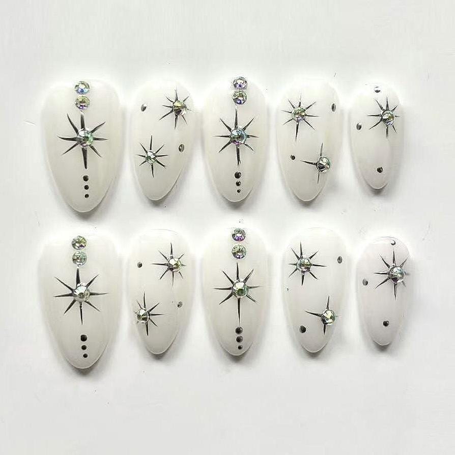 Winter snow white silver star press on Nail, milky white chrome star nails, glue on nail, Holiday Fake Nails, Gifts for Her, MO382