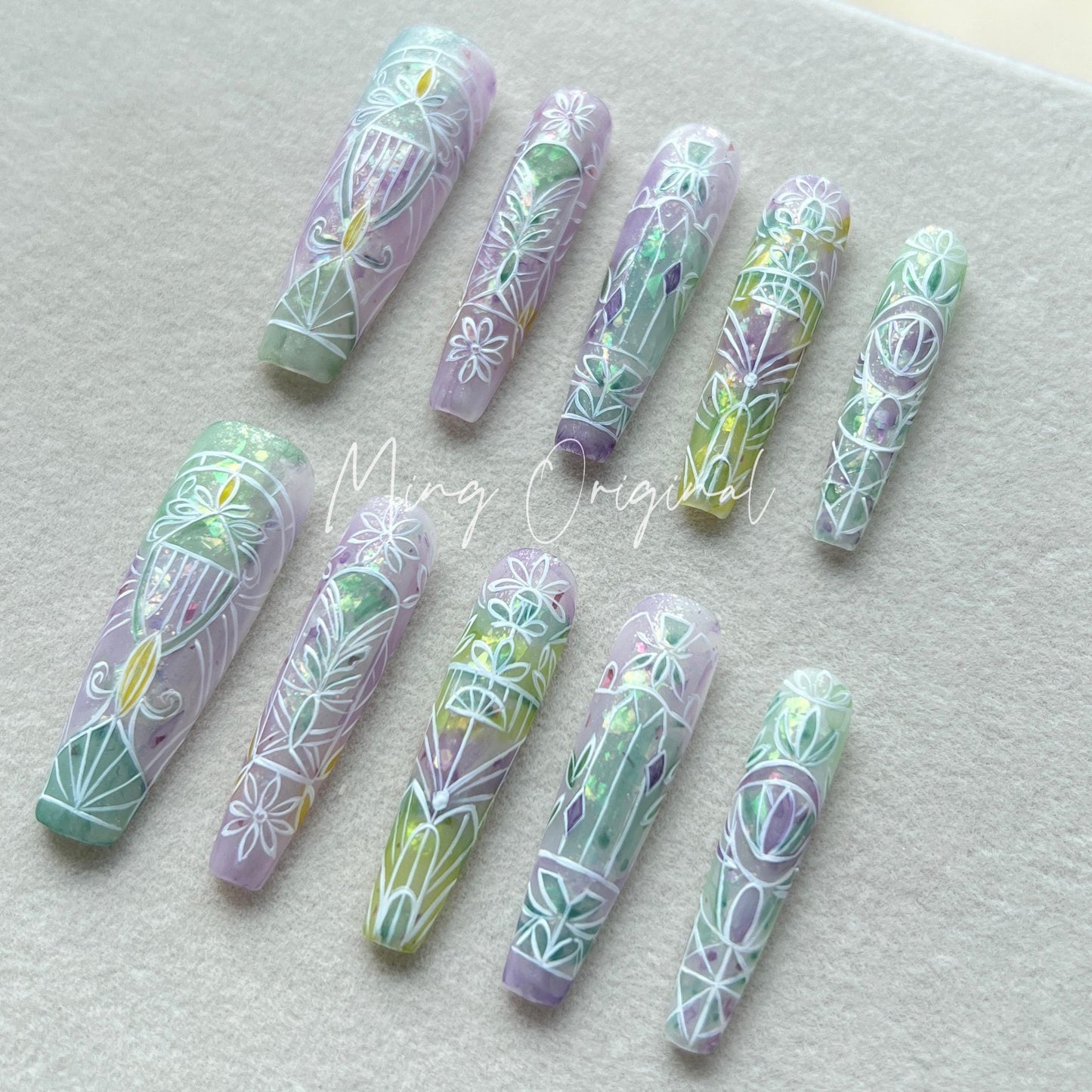Stained Glass Window Free style Flower pastel Water Color press on nails, ombre rainbow color matching, hand painted nail, gift for her