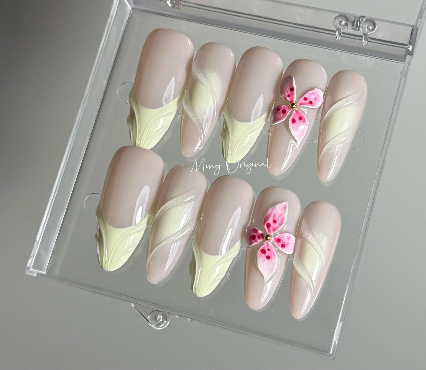 Pink 3d blooming flower press on nails, 3d swirls pastel color ombre French tip Nails, nude nails, birthday holiday gift for her MO344