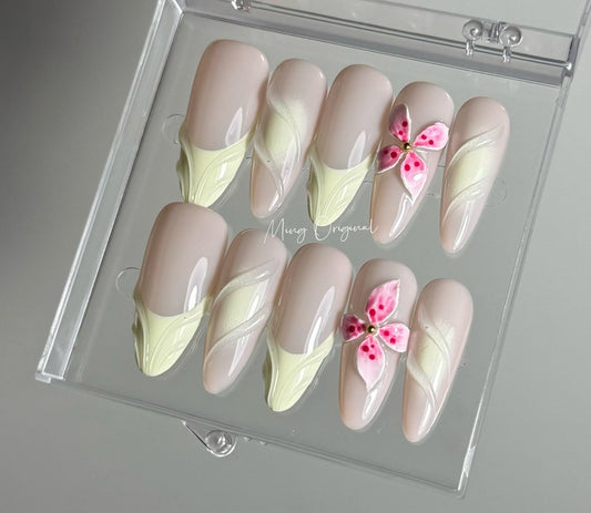 Pink 3d blooming flower press on nails, 3d swirls pastel color ombre French tip Nails, nude nails, birthday holiday gift for her MO344