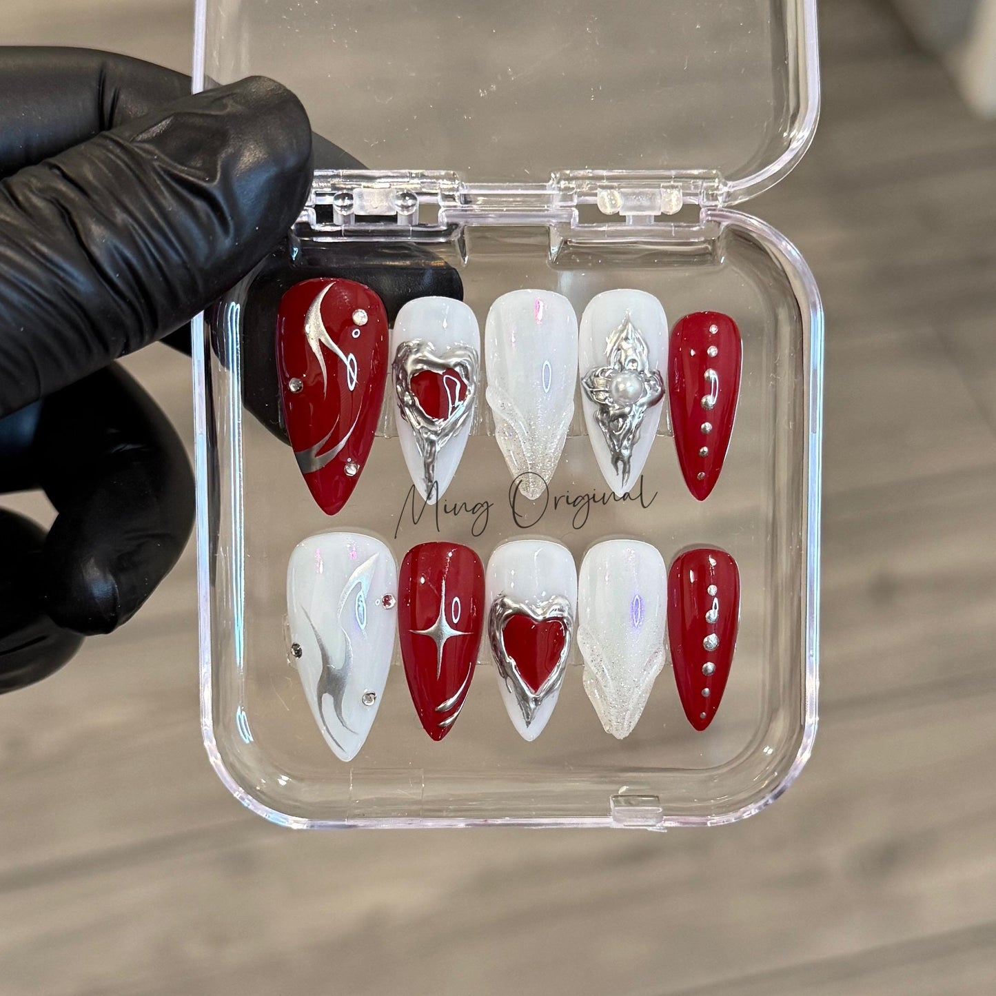 Milky white Silver red heart chrome Press on Nails, hand painted free style heart handmade Nails, gift for her, MO430