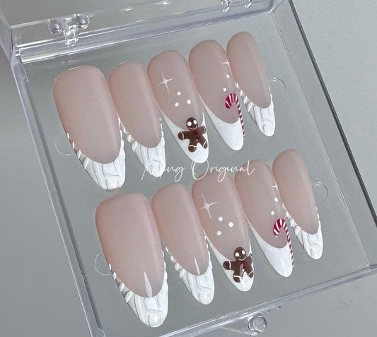 Christmas Gingerbread man press on Nail, candy cane French tip 3d sweater nails, glue on nail, Holiday Fake Nails, Gifts for Her, MO341