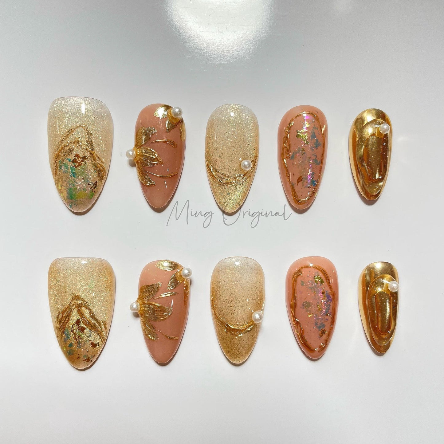 Gold Goddess mystery gold free style cat eye press on nails, hand paint gold flower, nude jelly fake nail, birthday gift for her,MO462
