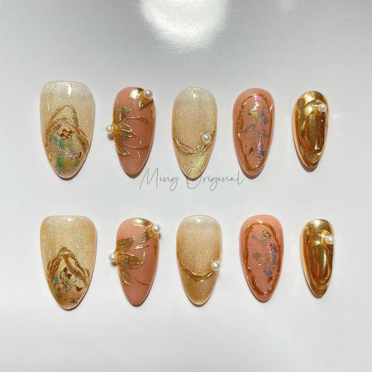 Gold Goddess mystery gold free style cat eye press on nails, hand paint gold flower, nude jelly fake nail, birthday gift for her,MO462