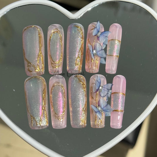 Butterfly Veil theme Press on Nails, Aura Mermaid Butterfly Nails, cat eye shimmering with gold detail, glue on Nails, gift for her, MO402