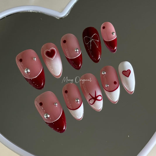 Ombre white silver 3d bow coquette and heart press on Nail, red french tip glue on nail, metallic Fake Nails, new year Gifts for Her, MO415