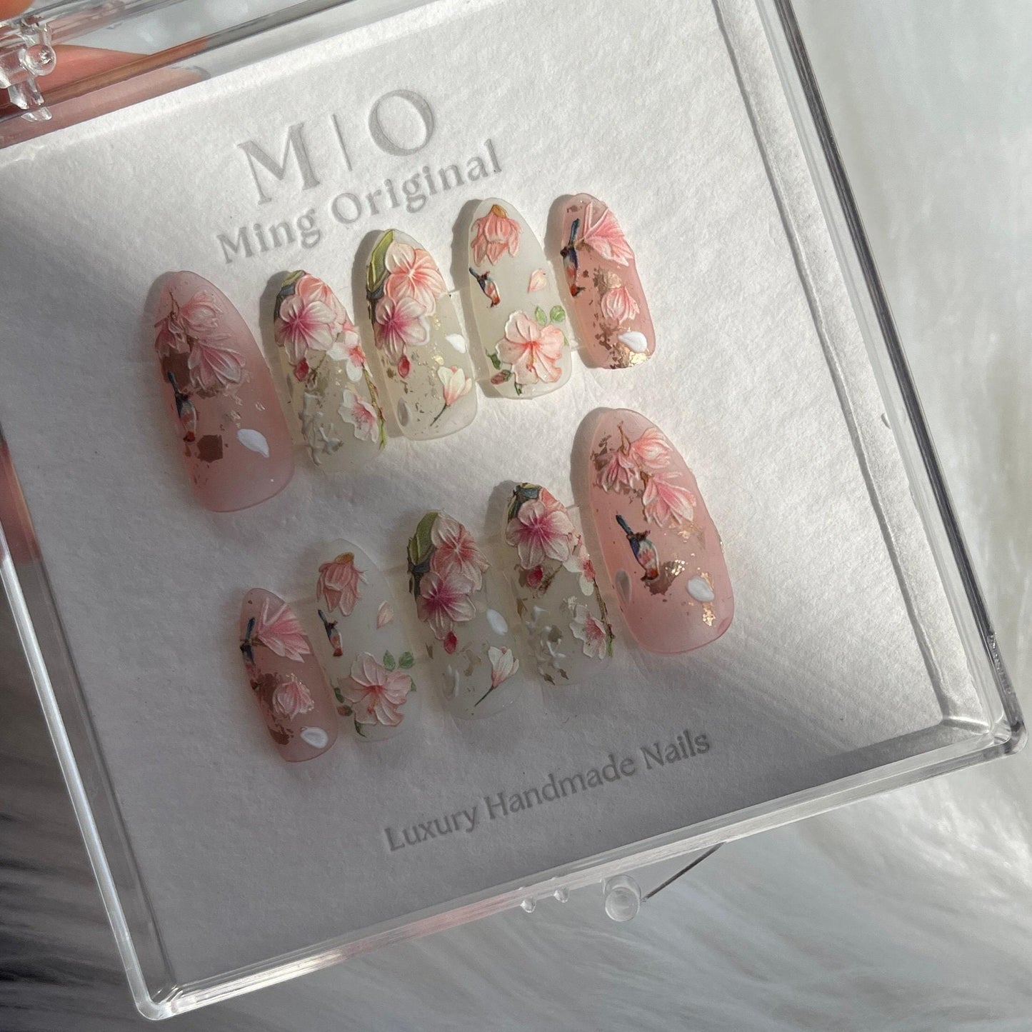 Reusable Pink sakura flower nail, bird nail, Premium Press on Nails, Fake nails, Nail Artist Faux Nails, Handmade gel art Nails, Matte Nails