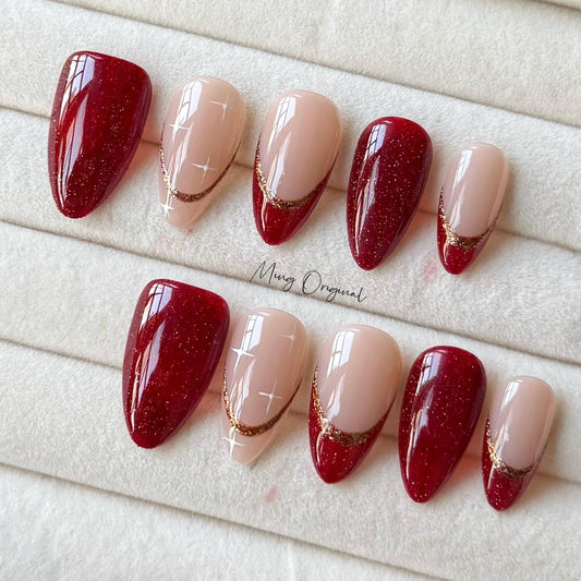 New Year Gold Minimalist Royal Red press on nail, reflective sparkling french tip nails, glue on nail,Christmas birthday gift for her, MO393