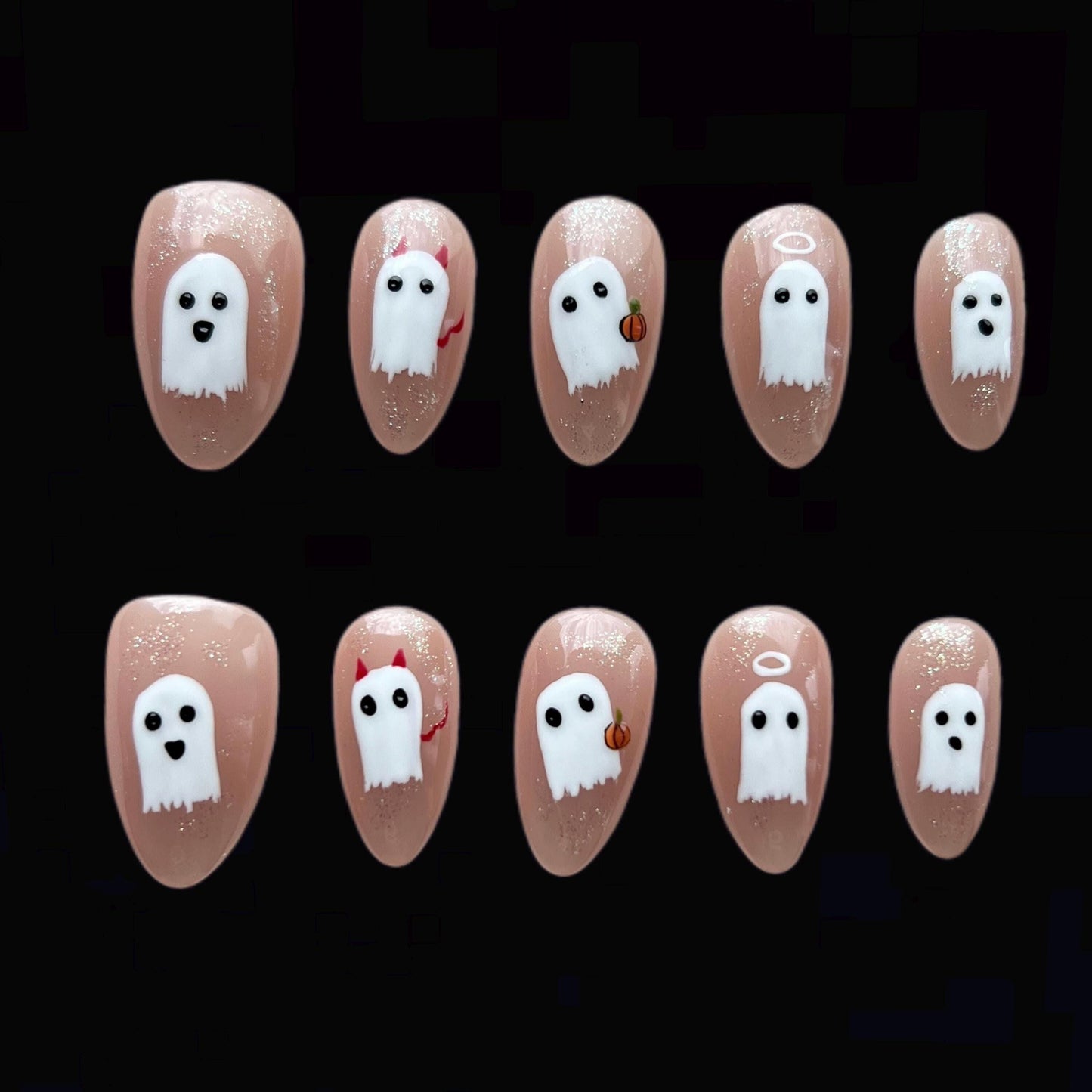 Cute Little Ghost  and pumpkin Halloween Season Spooky press on nail, fake nail, horror nail, hand paint ghost nail, gift for her