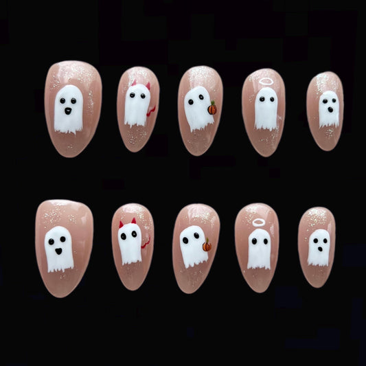 Cute Little Ghost  and pumpkin Halloween Season Spooky press on nail, fake nail, horror nail, hand paint ghost nail, gift for her