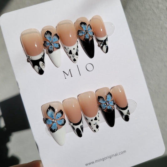French Tip 3d Blue Orchid lily flower Press on Nails, sculpted Fairycore Sunset Tropical Floral, Colorful Abstract Flower, handmade nails
