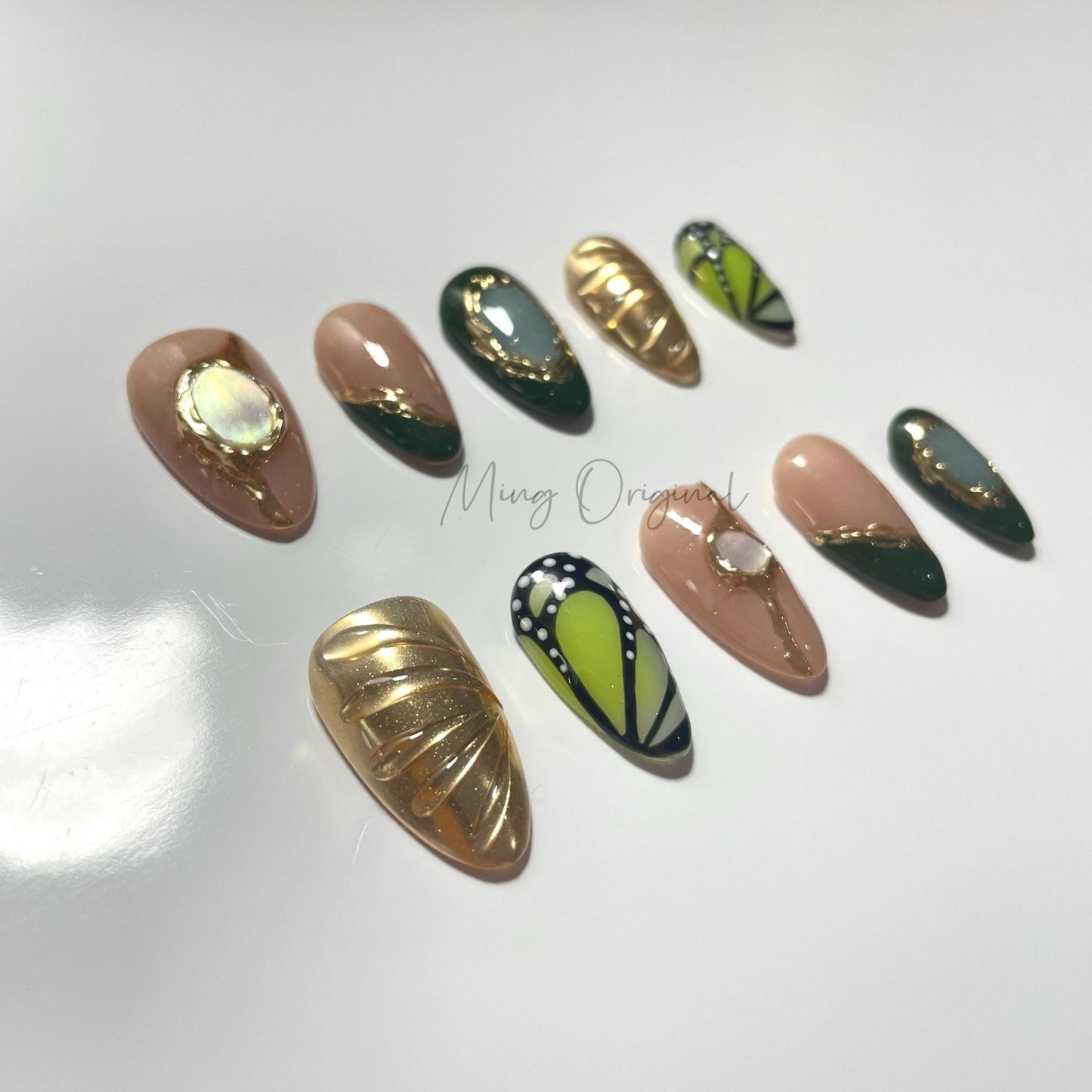 Mid Century Emarld Gold Chrome with Seashell Press on Nails, Hand Painted Butterfly Wings 3d Mermaid, vintage style, gift for her, MO459