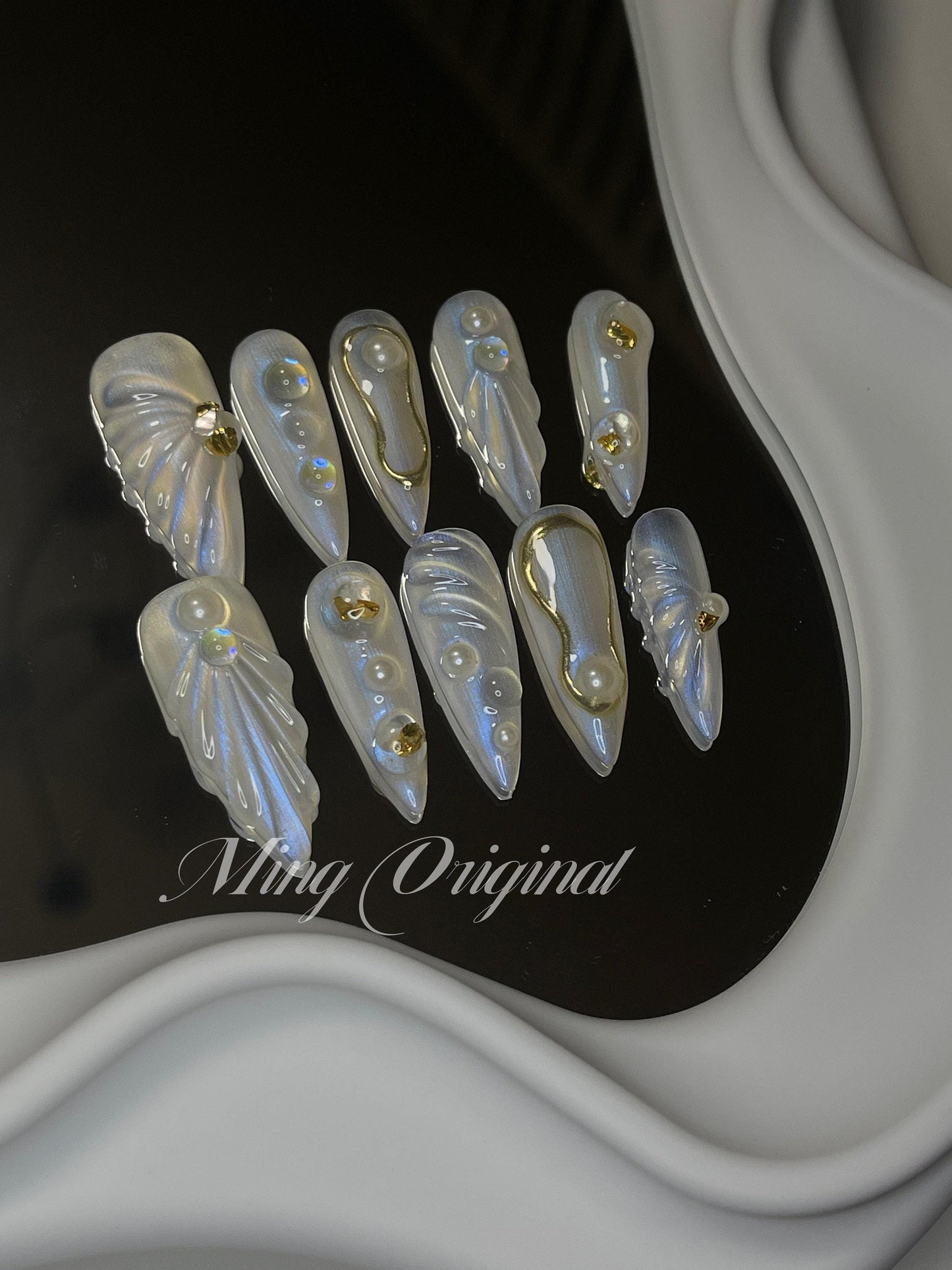 3D Y2K aurora Mermaid press on nails, Aura Seashell with pearl reusable nail, jelly fake nail