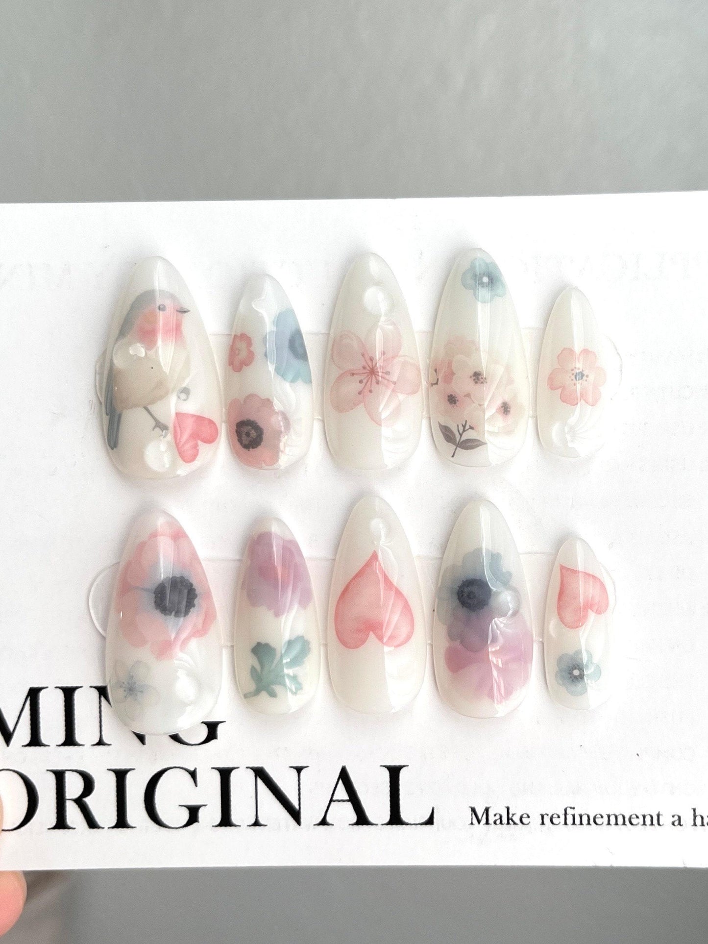 Da Milk Bath | Bird and Floral Press on Nails, Heart Fake Nails, 3D Water Drop Handmade Gel Nails, Jelly Nails, jewel nail