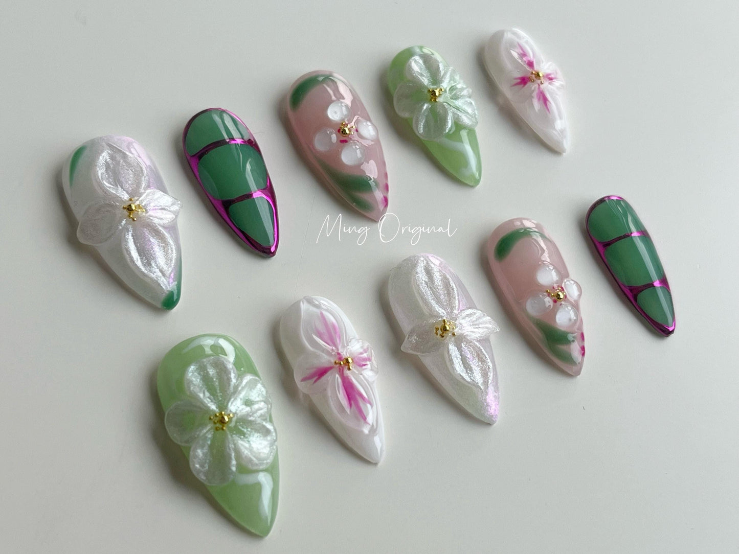 Lakeside bloosm flower press on nail, multicolor free style 3d jelly fake nail, purple chrome holiday birthday gift for her,MO347