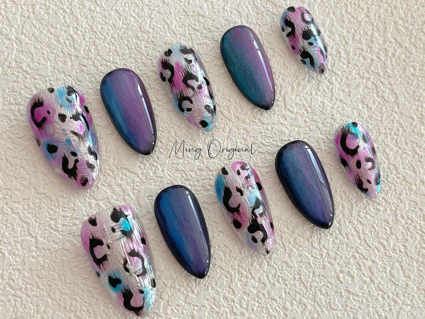 Purple Blue Chrome Leopard Press On Nails, Animal Print Nails, Multicolor Cat Eye Nail, glue on nail, birthday holiday gift for her, MO392