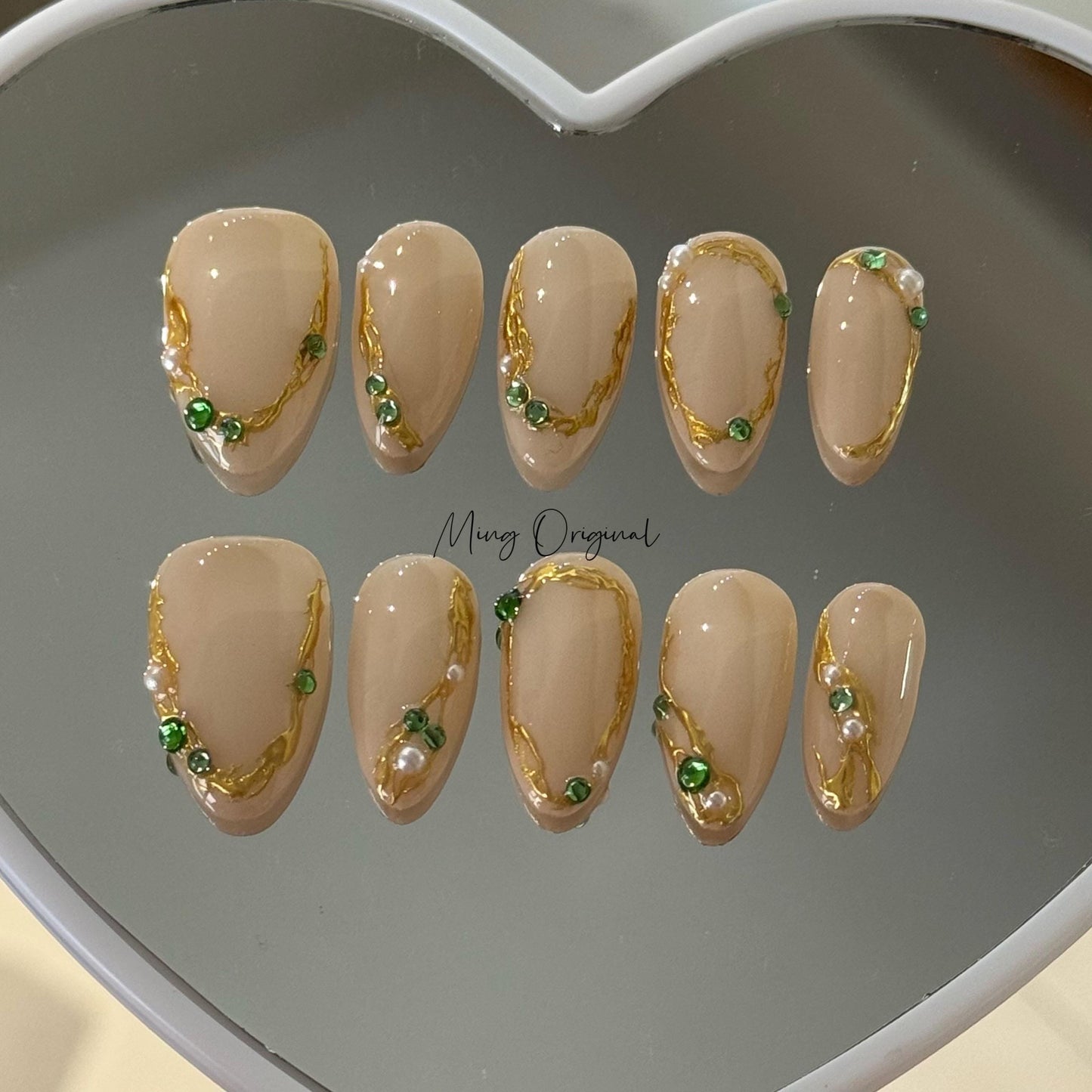 Gold chrome detail jewel Nail press on, free style Metallic fake nail with emerald rhinestone, Luxury Handmade Nails, gift for her, MO404