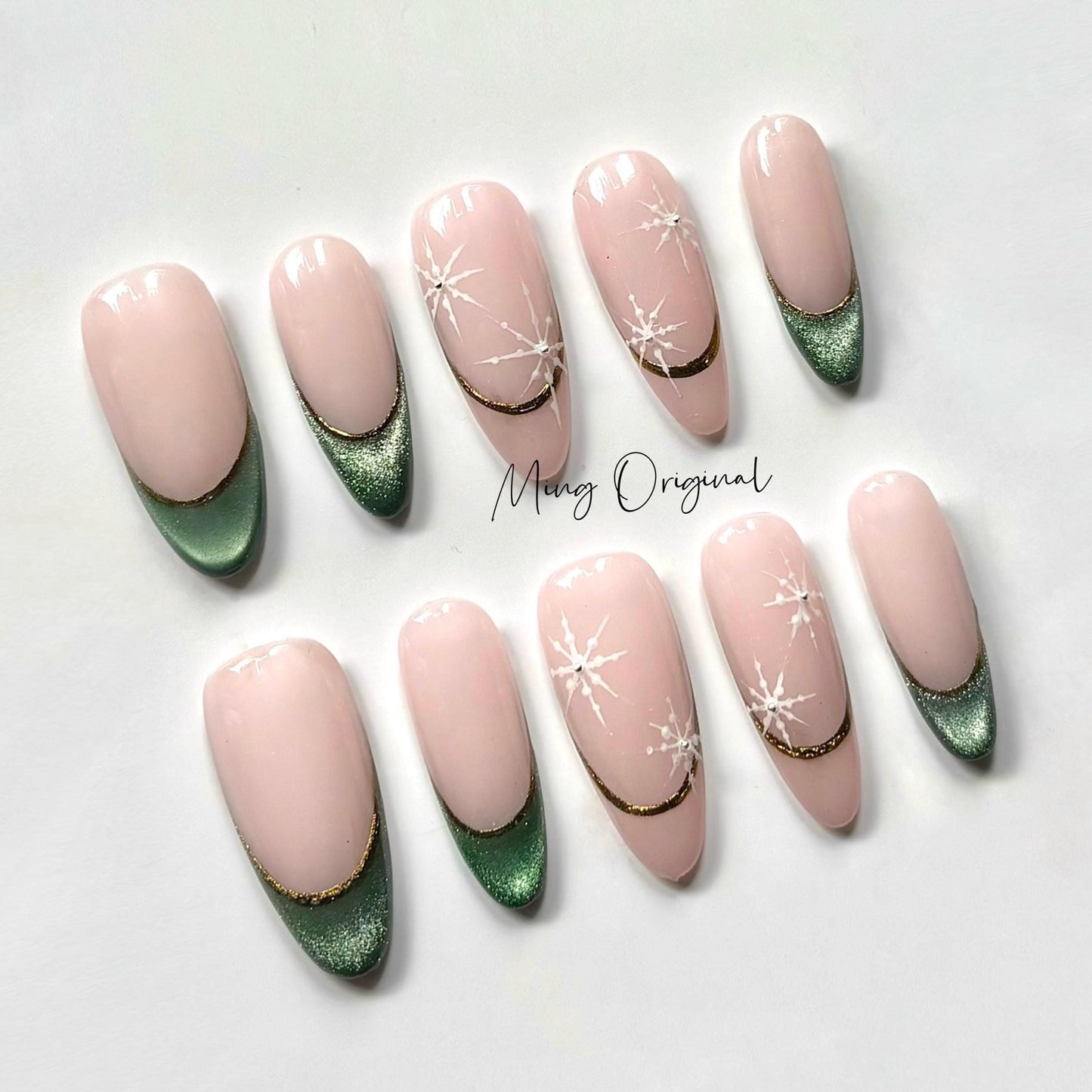 Christmas emerald green press on Nail, gemstone vibe and snowflake French tip nails, cat eye nail, Holiday Fake Nails, Gifts for Her, MO354