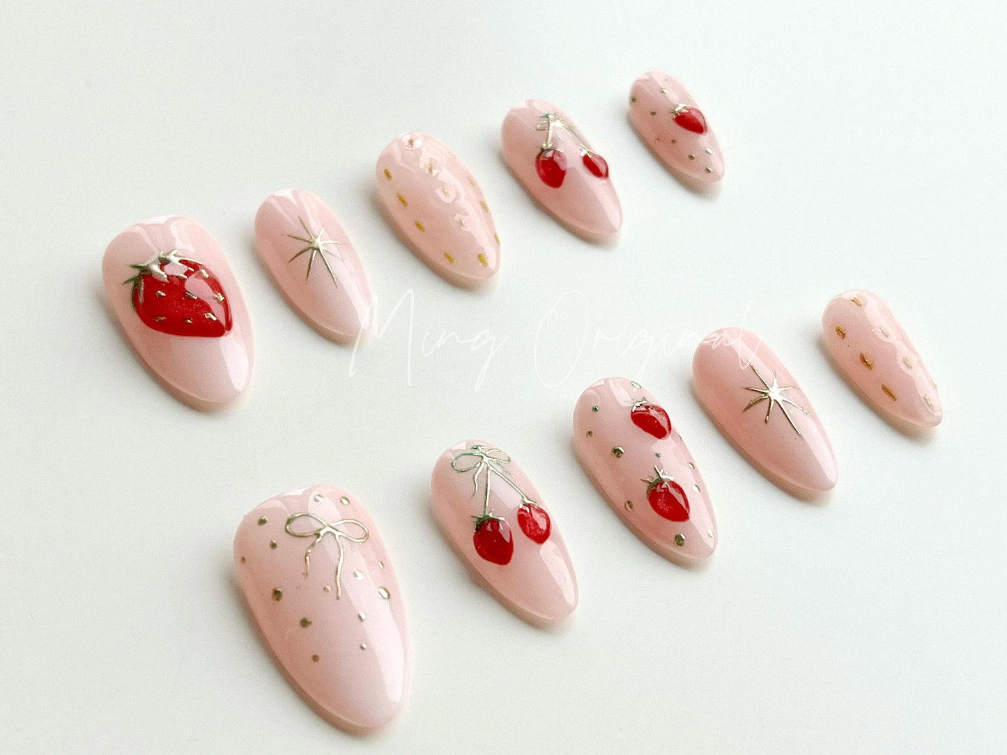 Summer Pink 3d Strawberry Nail,  Fruit Lover press on nails, Gold Chrome, Holiday Fake Nails, Gifts for Her