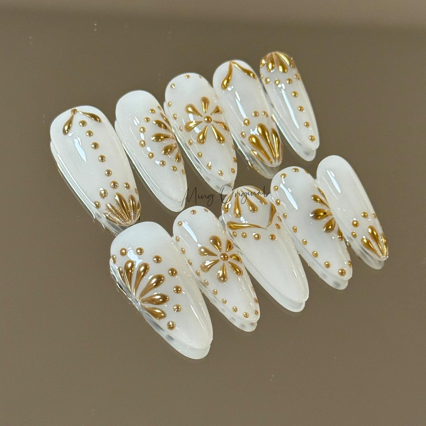 Milky white goddess 3d Chrome gold press on nails, Everyday nail,boho handmade art nail, wedding bridal nail,  gift for her, MO425