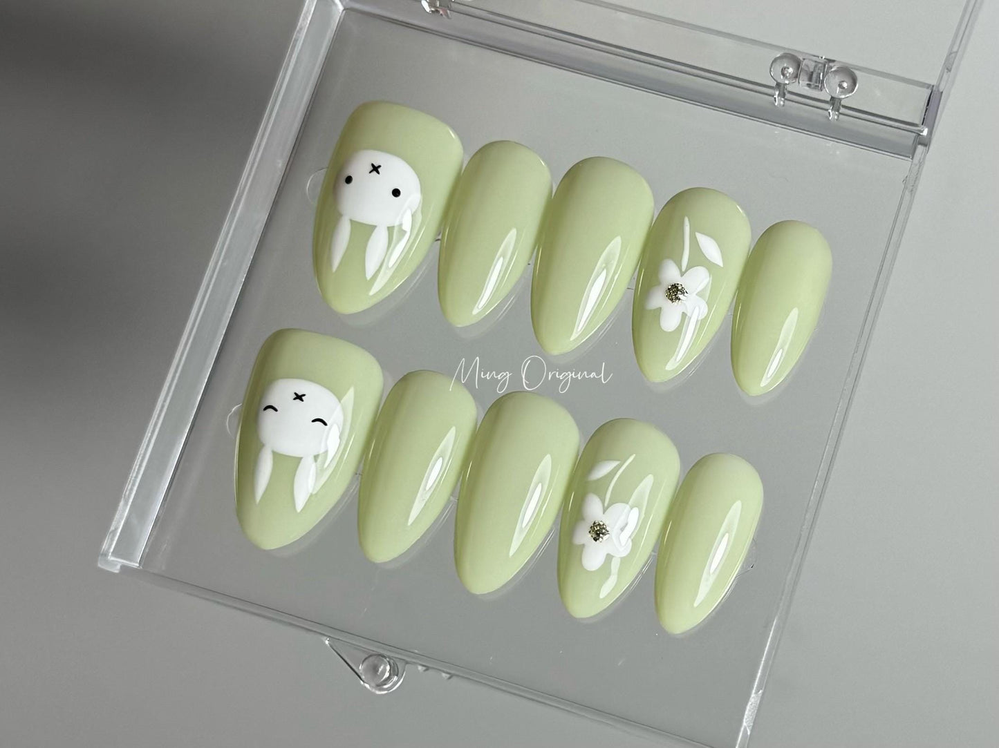 Cute sleeping bunny and flower press on nail, soft milky green color nail,  jelly fake nail, holiday birthday gift for her,MO347