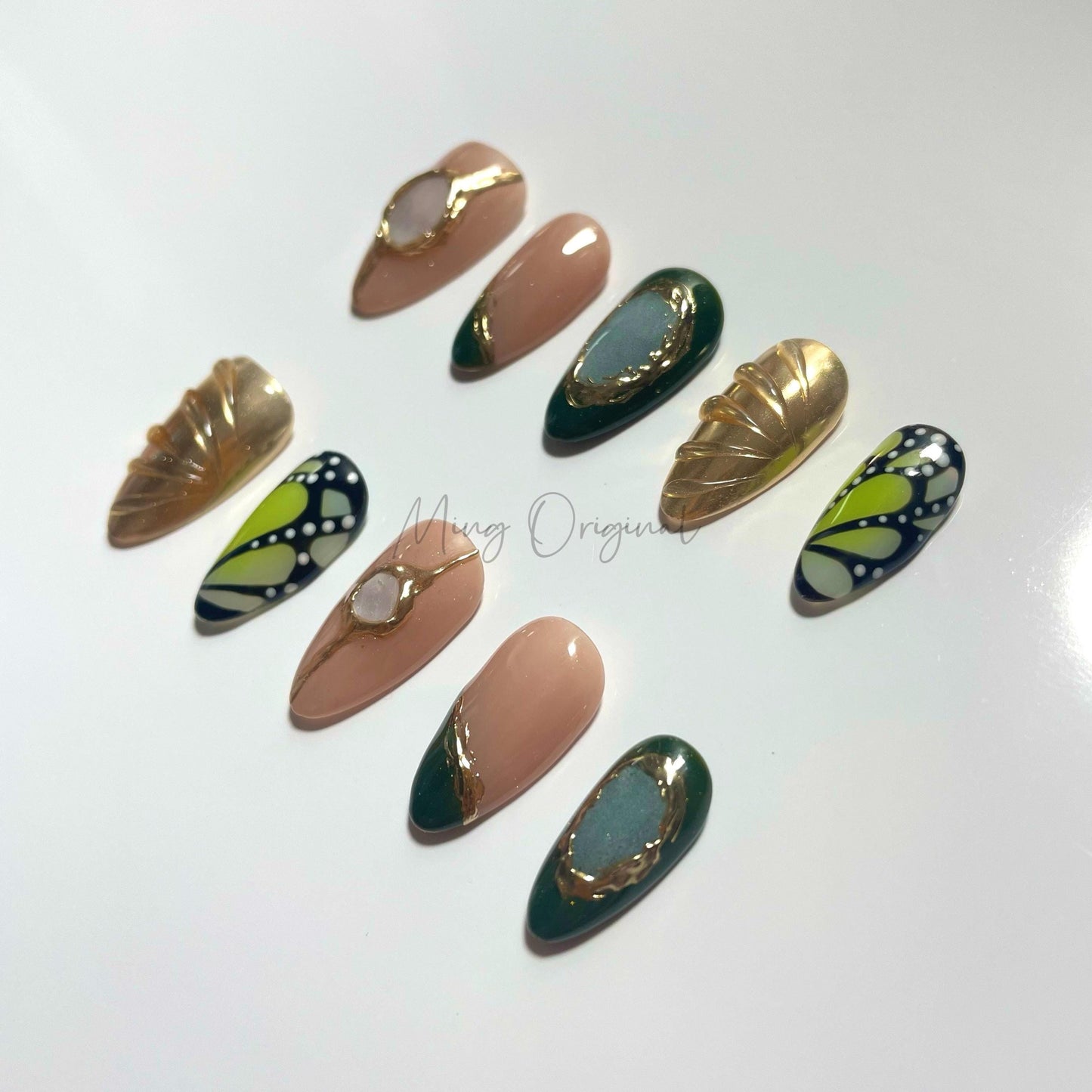 Mid Century Emarld Gold Chrome with Seashell Press on Nails, Hand Painted Butterfly Wings 3d Mermaid, vintage style, gift for her, MO459