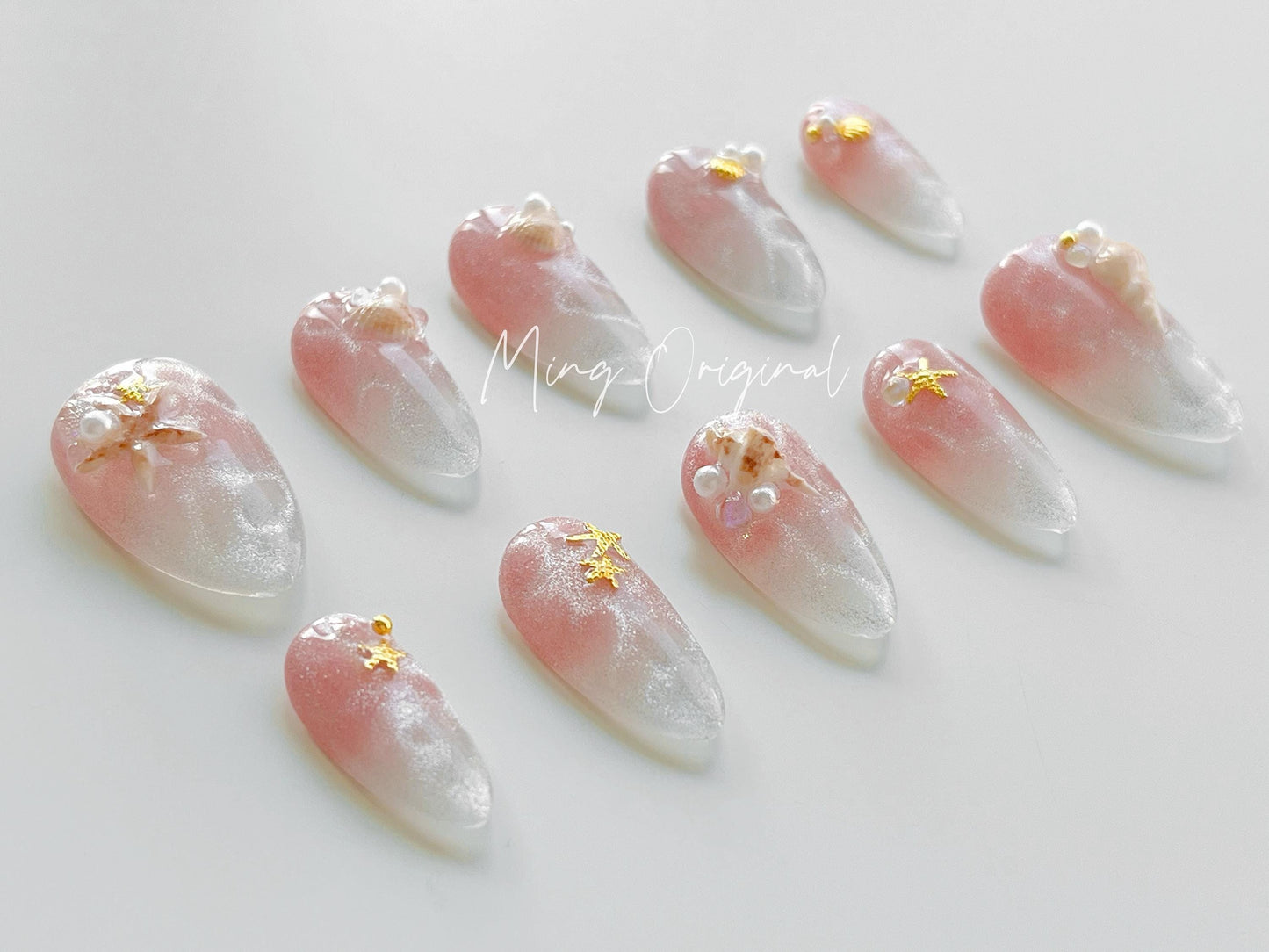 Pink Sea Mermaid Handmade 3D Seashell press on nails, glittery cat eye with pearl reusable nail, jelly fake nail