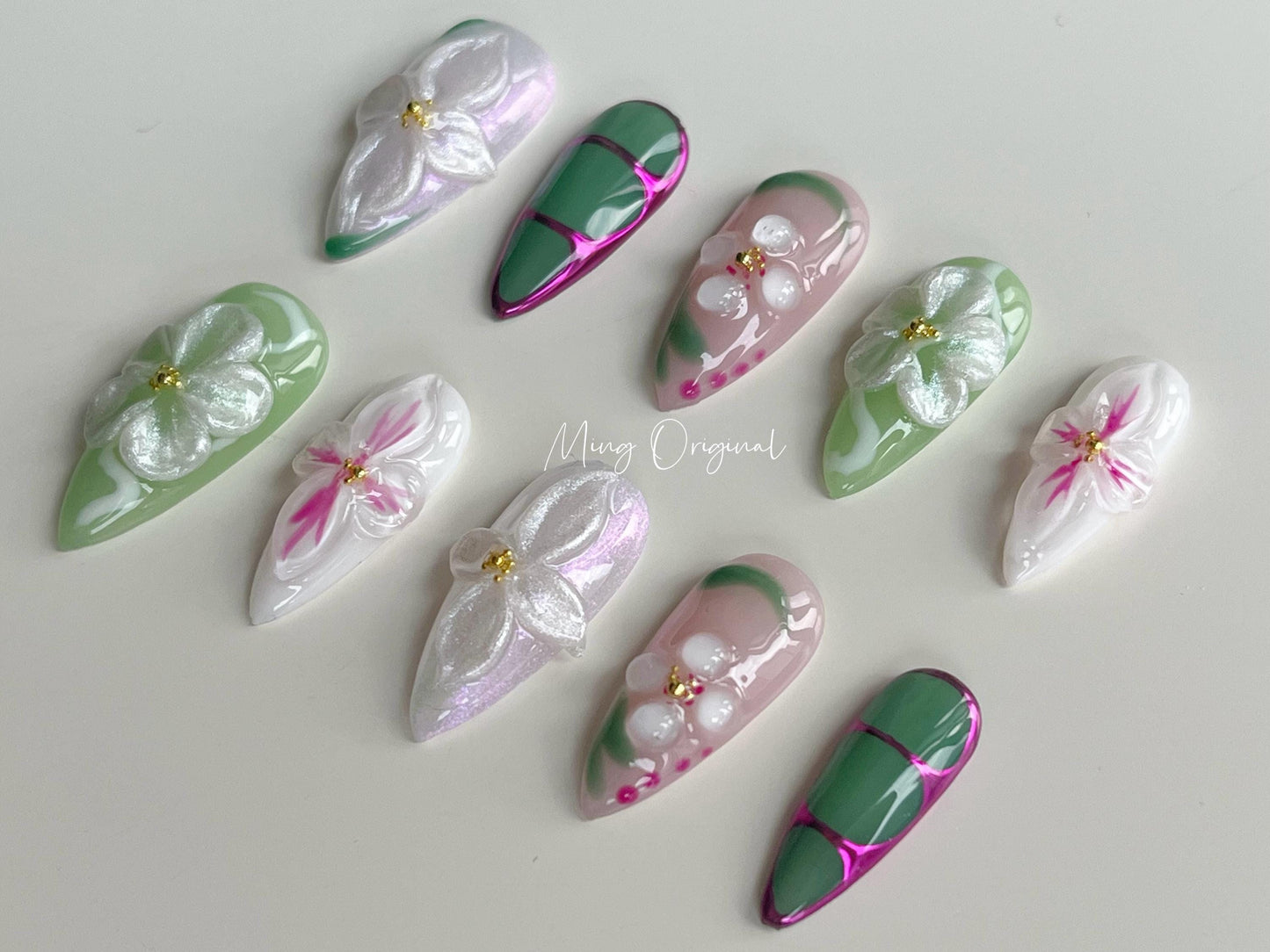 Lakeside bloosm flower press on nail, multicolor free style 3d jelly fake nail, purple chrome holiday birthday gift for her,MO347