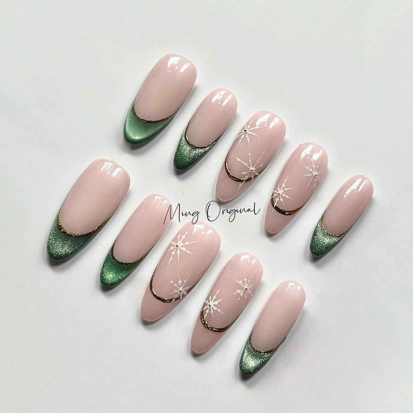 Christmas emerald green press on Nail, gemstone vibe and snowflake French tip nails, cat eye nail, Holiday Fake Nails, Gifts for Her, MO354