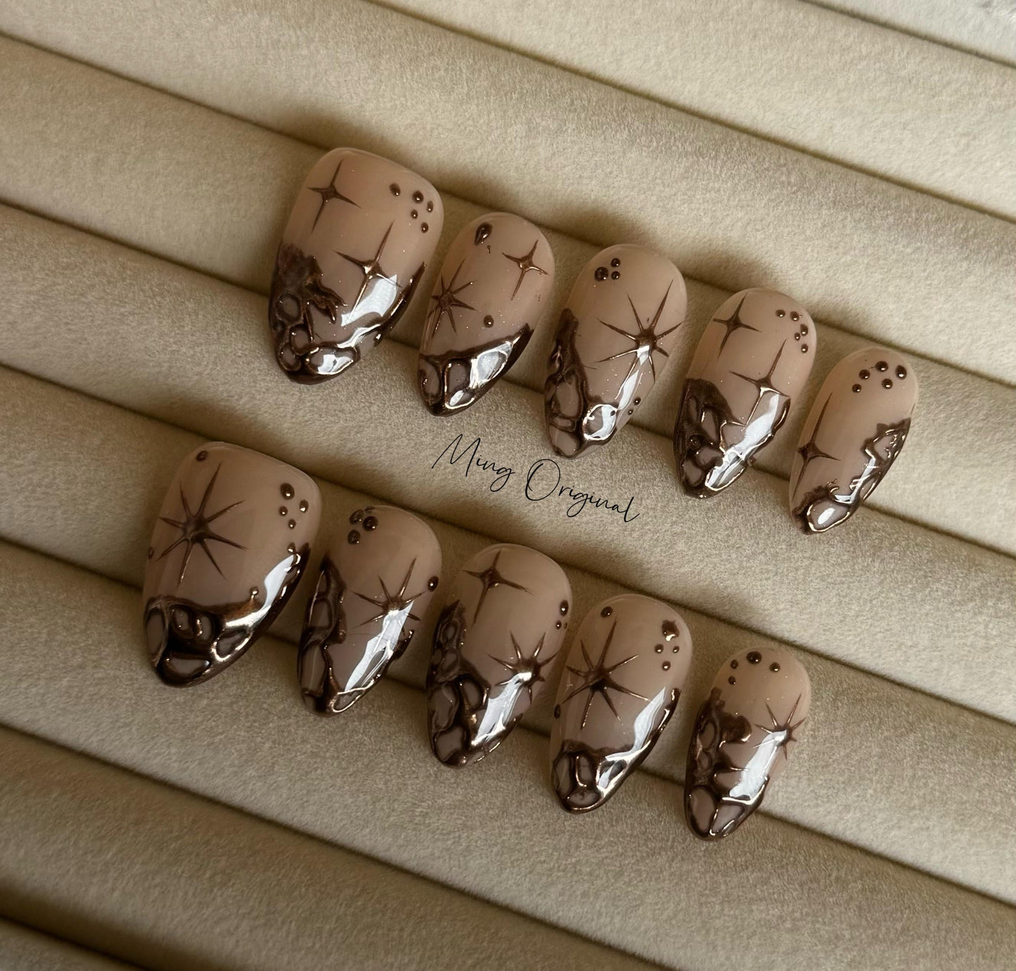 Gold chrome mirror gothic Nail press on, free style Metallic Star fake nail, Luxury Handmade Nails, gift for her, MO268
