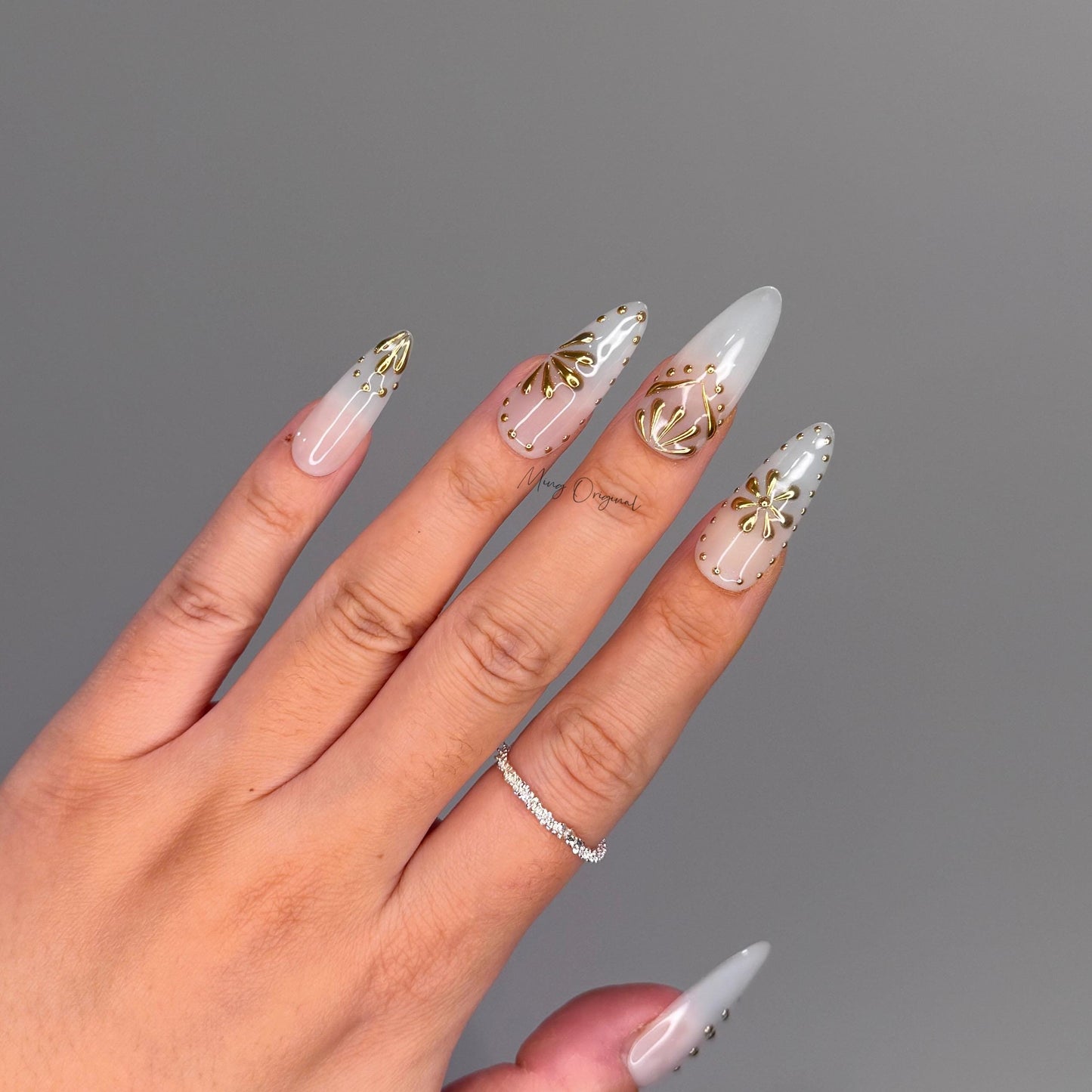 Milky white goddess 3d Chrome gold press on nails, Everyday nail,boho handmade art nail, wedding bridal nail,  gift for her, MO425