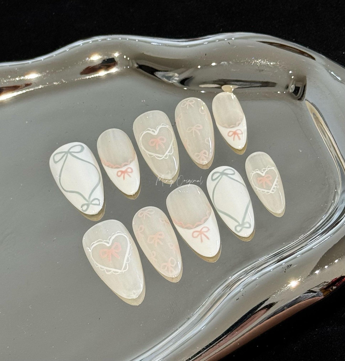 Soft Milky bow coquette press on Nail , handpainted pastel press on nails, Valentine Gifts for Her