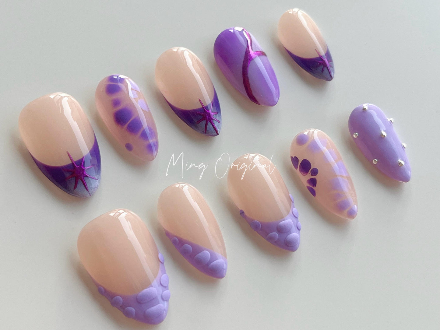 Purple 3d Croc skin snake skin design, Y2K chic French Tip press on nails, chrome star reusable nail, jelly fake nail, gift for her