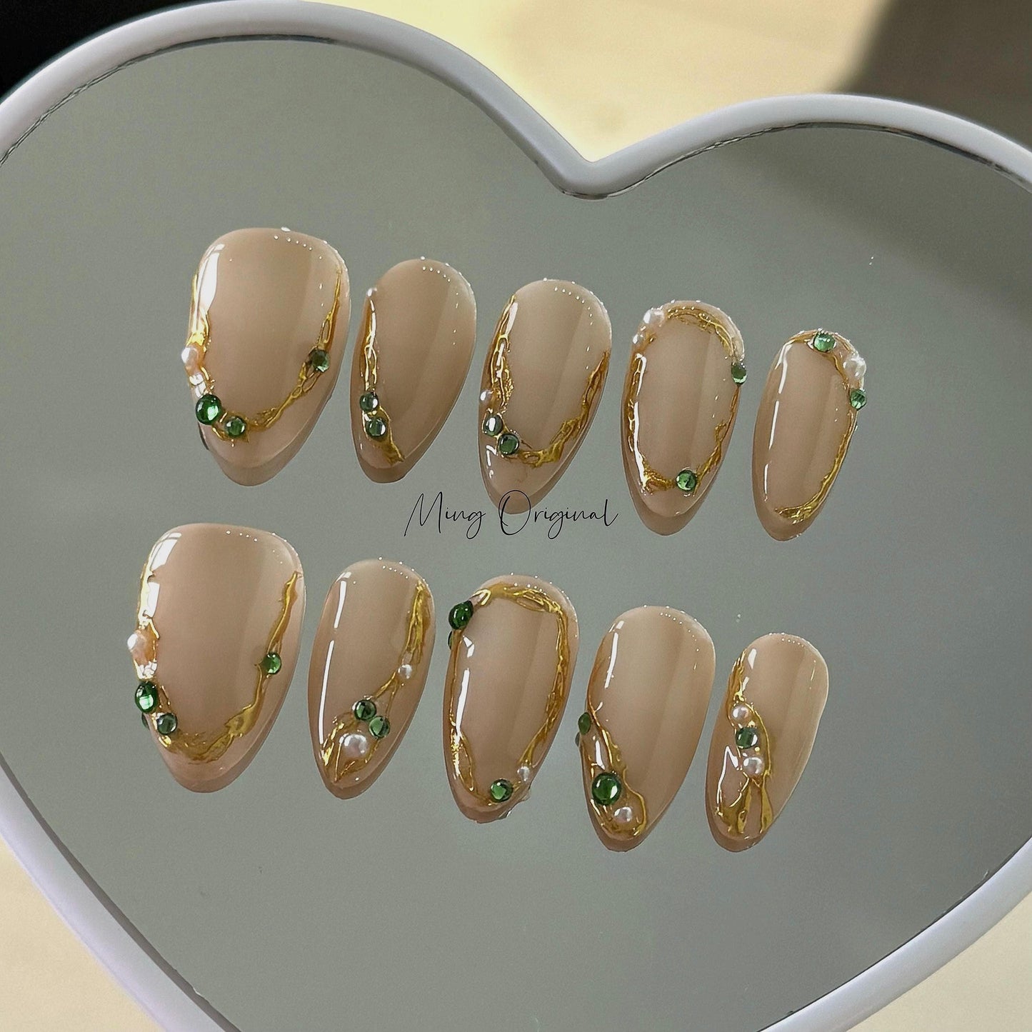 Gold chrome detail jewel Nail press on, free style Metallic fake nail with emerald rhinestone, Luxury Handmade Nails, gift for her, MO404