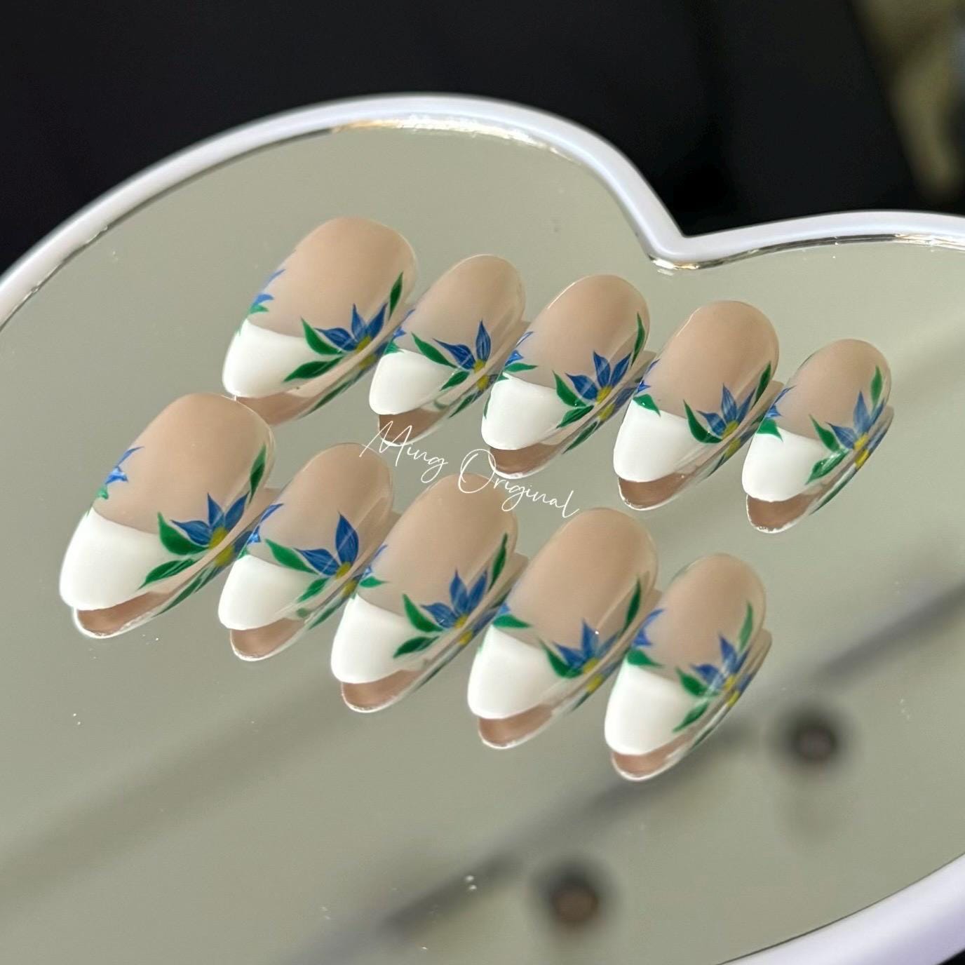 Artist sunflower leaf French tip, hand painted abstract floral Press on Nails, Christmas holiday birthday gift for her, MO320