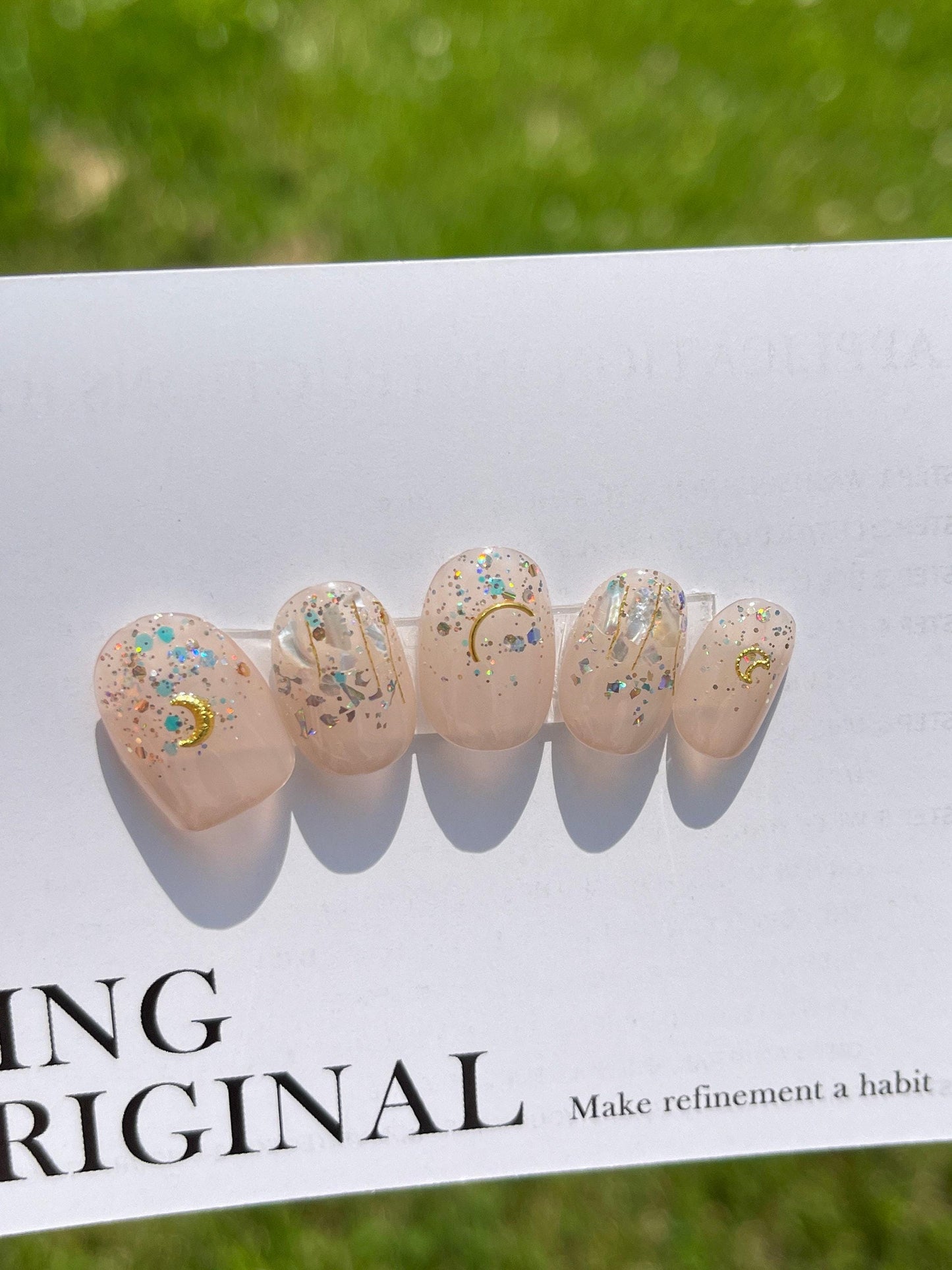 Nude holo glitter with gold Sailor moon press on nail, Premium Hand paint Nails, shell decal Japanese art nails, Handmade Gel Nails