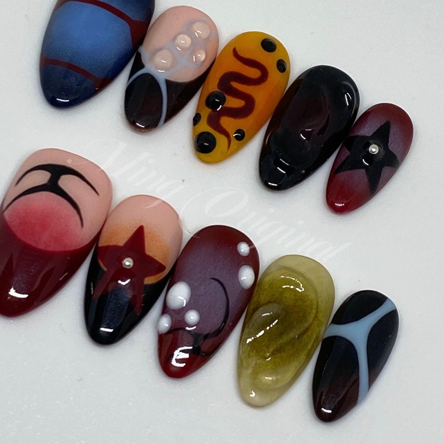Free style airbrush press on nails, Y2K star, ombre color, 3d nail,  French nails, ,hand painted candy color nail