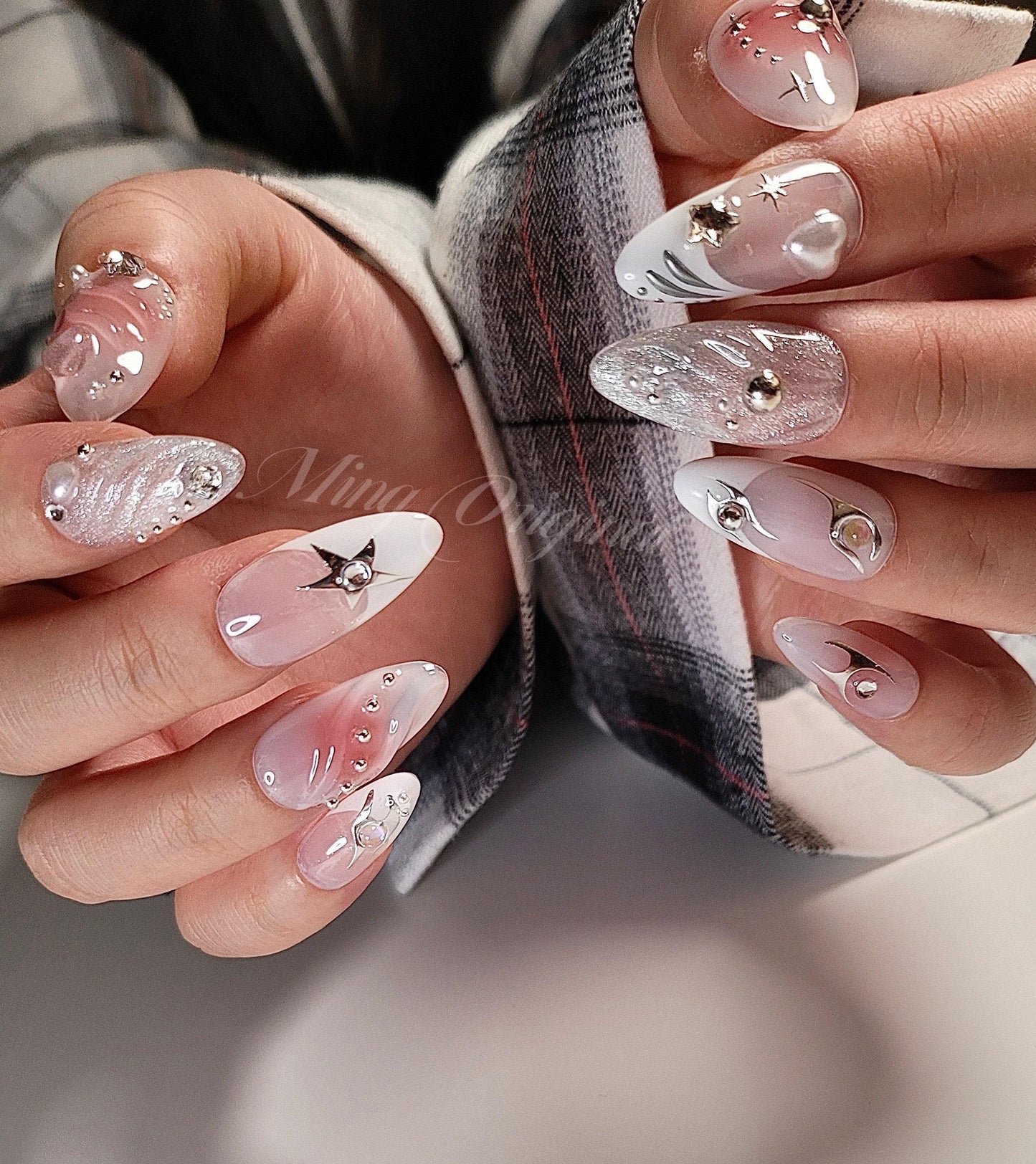 Free Style blush Shiny star y2k Nail press on, Fake nails, glitter shine, French tip, Luxury Handmade Nails