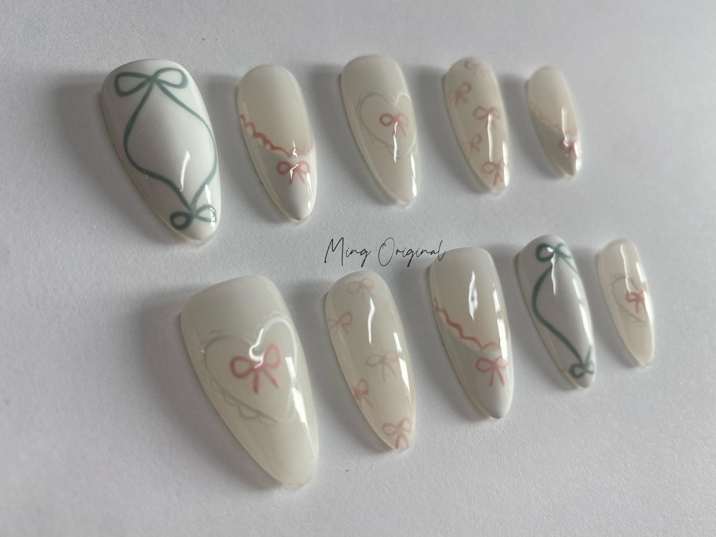 Soft Milky bow coquette press on Nail , handpainted pastel press on nails, Valentine Gifts for Her