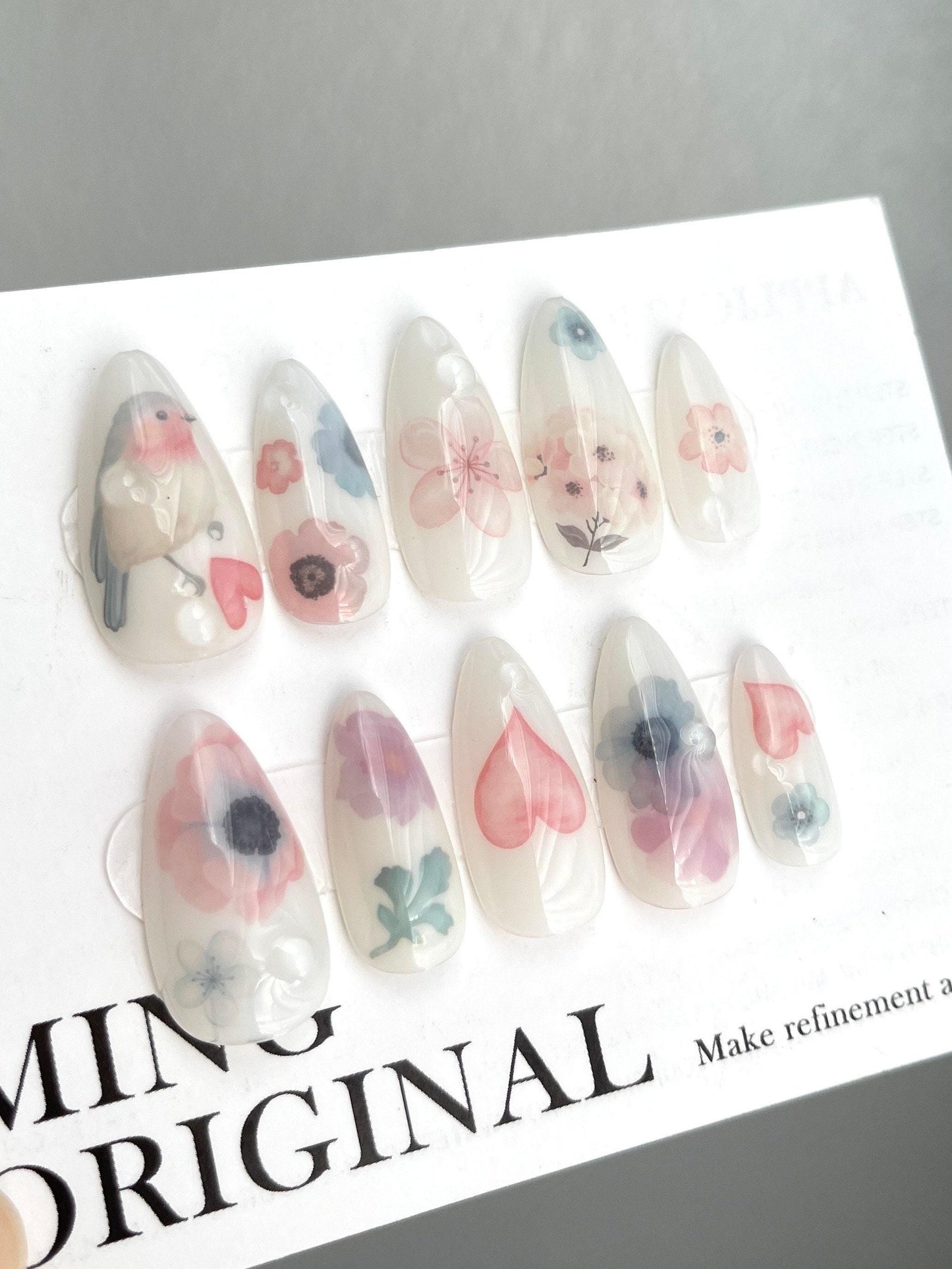 Da Milk Bath | Bird and Floral Press on Nails, Heart Fake Nails, 3D Water Drop Handmade Gel Nails, Jelly Nails, jewel nail