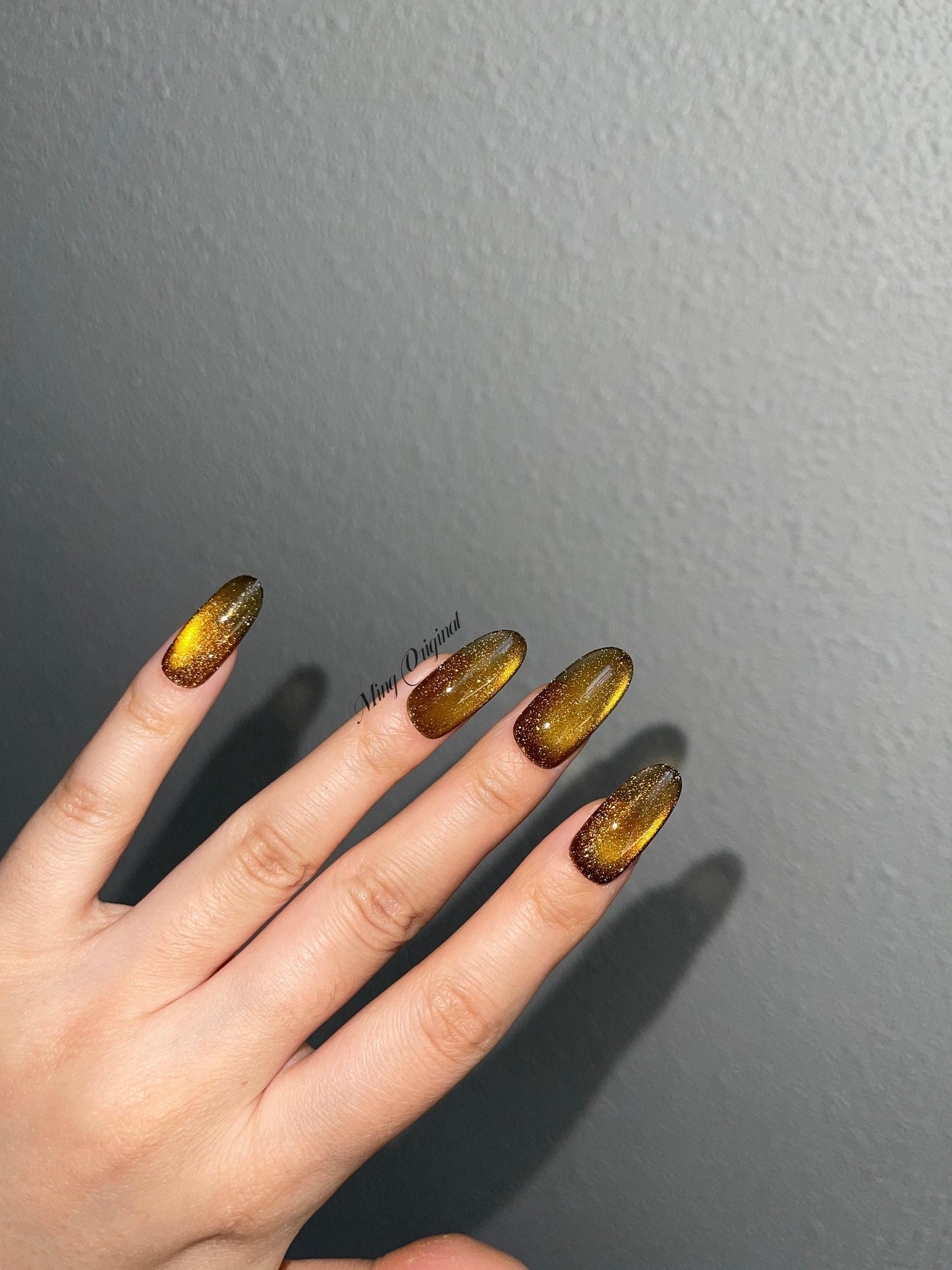 Da Amber| glass beads inspired magnetic cat eye press on nails, yellow/golden nails, semitransparent reuse nails, glitter fake nail