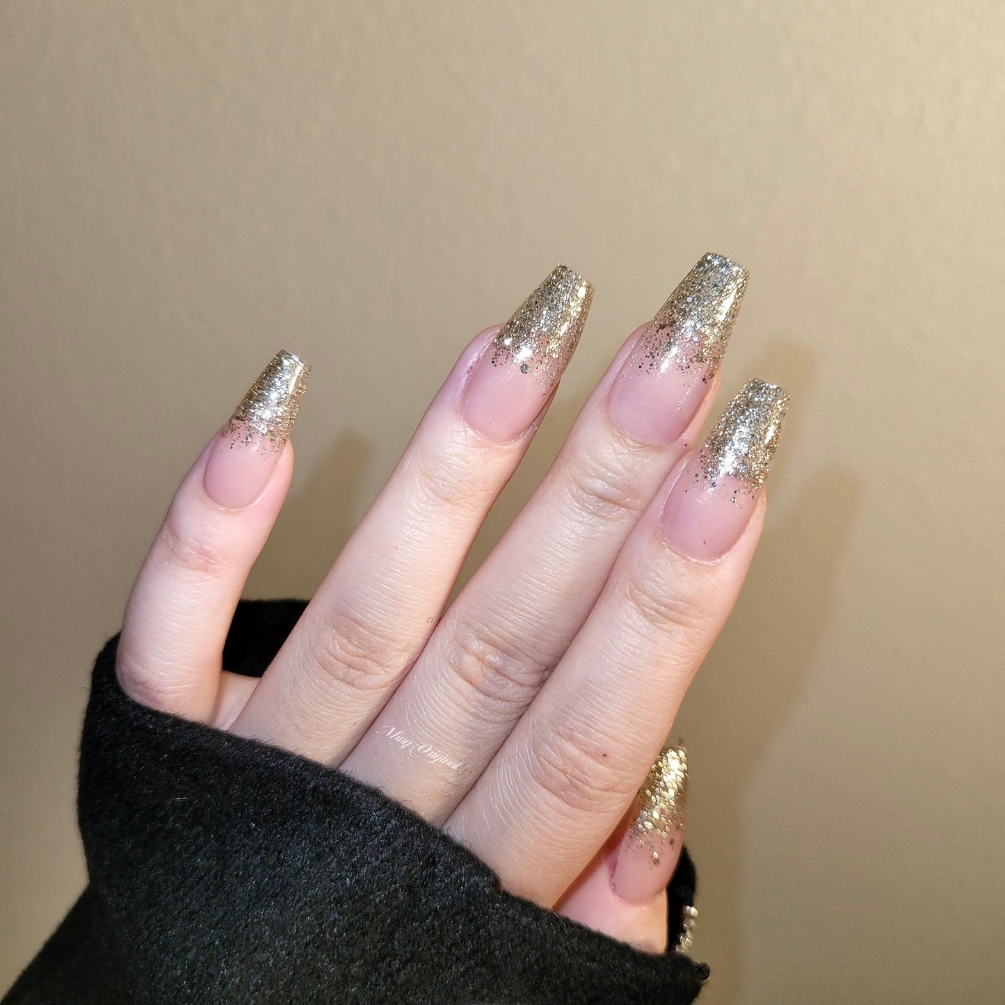 Classic nude champagne ombre glitter Press on Nails, Gradient sequins Jelly Nails,