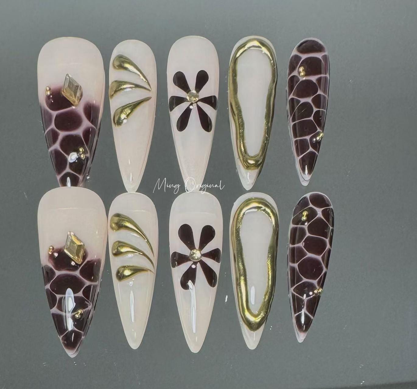 Croc print Autumn Flower 3D Free Style press on nails, Floral Nail, abstract 3d gold line, glue on nail, birthday holiday gift for her MO308