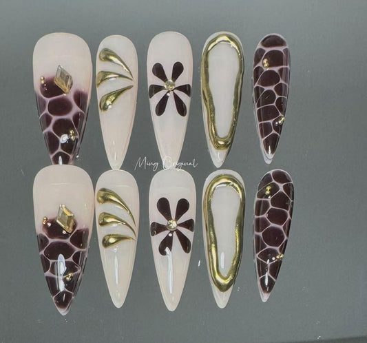 Croc print Autumn Flower 3D Free Style press on nails, Floral Nail, abstract 3d gold line, glue on nail, birthday holiday gift for her MO308