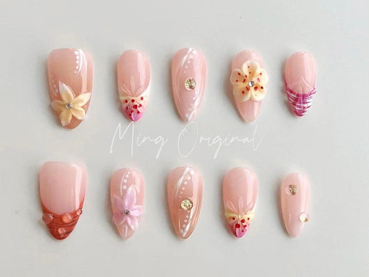 3D sculptured flower Press on Nails, Mermaid French Nails, Sunset Tropical Floral Nails, Jelly Nails