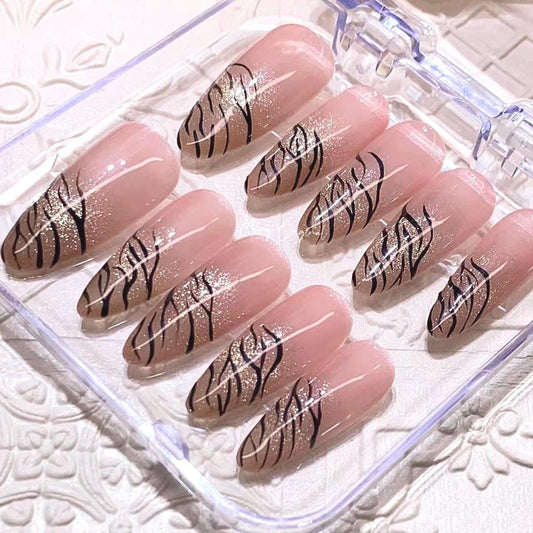 Zebra print cat eye Press on Nails,  animal print pmbre cat eye, black abstract line nail art, gold tone glittery nail, gift for her,MO243